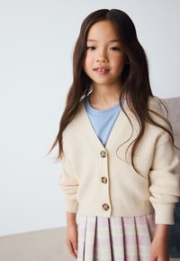 Cárdigan de canalé color crema con tres botones, combinado con una camisa azul claro y una falda plisada de cuadros en tonos pastel, que incluye matices de rosa y amarillo.