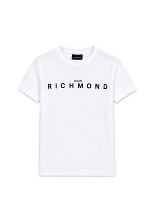 T-shirt bianca a maniche corte con scollo tondo e testo nero "JOHN RICHMOND" stampato sul petto.