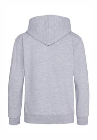 Felpa grigia chiara con cappuccio regolabile, maniche lunghe e polsini a costine. Design semplice con una texture liscia e senza motivi visibili.