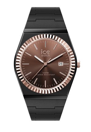 Orologio da polso nero con ghiera e quadrante in oro rosa, indici delle ore a bastone, finestra della data alle 3, resistente all'acqua fino a 10 ATM, marchio "ice watch".