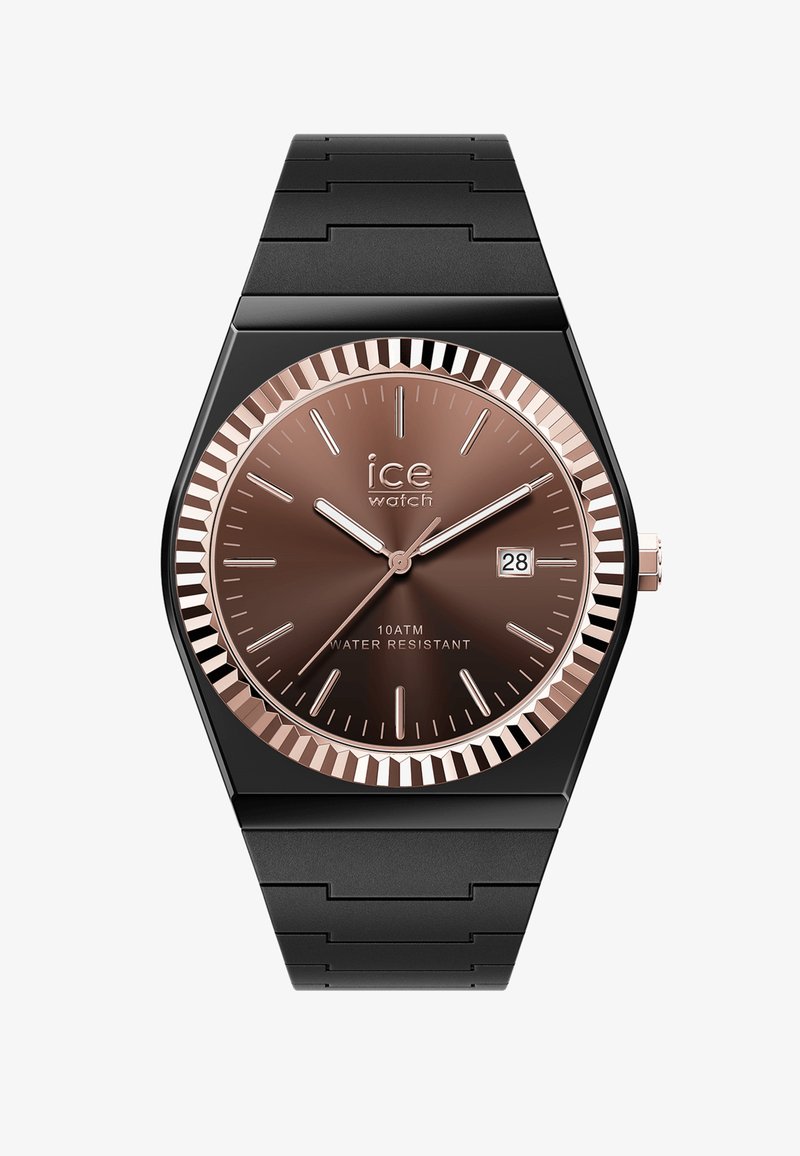 Musta rannekello, jossa ruusukultainen kehys ja taulu, tankomaiset tuntimerkinnät, päivämääräikkuna kello kolmessa, vedenkestävyys 10 ATM, "ice watch" -brändäys.