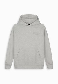 Grijze sweatshirt met een capuchon, een voorzak, geribbelde boorden en zoom, en subtiele branding op de borst. Gemaakt van zachte stof.