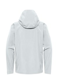 Lichtgrijze, lange mouwen jas met een capuchon. Gladde textuur, minimalistisch ontwerp, geen zichtbare hardware of accenten. Heeft een recht gesneden model.