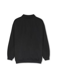 Svart sweatshirt med en klassisk design, ribbade muddar och fåll, en ståkrage och mjuk textur utan synliga logotyper eller mönster.