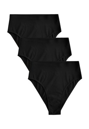 Gros plan d'une personne portant des sous-vêtements noirs sans coutures à taille haute, montrant le côté et la partie inférieure du torse.
