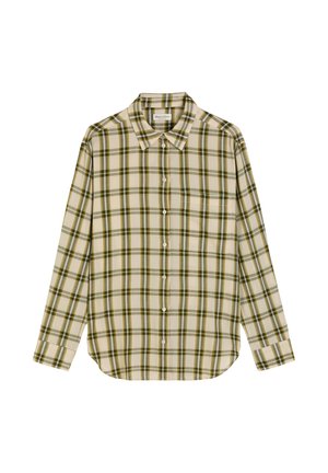 Hemd in Creme mit grün-braunem karierten Muster. Mit klassischem Kragen und langen Ärmeln, sowie einer einzelnen Tasche auf der linken Brust.