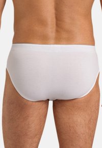 Männlicher Oberkörper und Oberschenkel, von hinten gezeigt, in schlichten weißen Unterhosen vor einem neutralen Hintergrund.