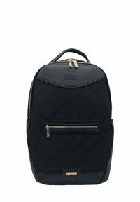 Zaino nero con superficie testurizzata caratterizzato da un sottile motivo a logo, zip in tono oro e una tasca anteriore con zip.