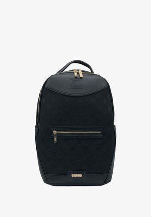 Zaino nero con superficie testurizzata caratterizzato da un sottile motivo a logo, zip in tono oro e una tasca anteriore con zip.
