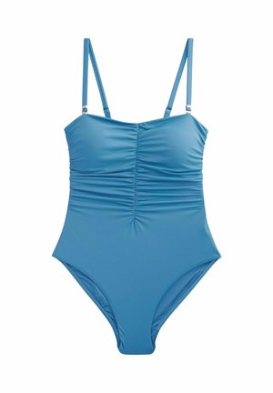 Blå baddräkt i en del med justerbara axelremmar, en rynkad frontdesign och en slät, elastisk textur med högskuren benöppning.
