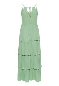 Robe maxi sans manches vert sauge avec jupe à volants superposés, décolleté en V profond, fines bretelles et fermeture par lien à l'arrière du col.
