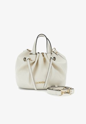 Lys beige læder håndtaske med en samlet design, sorte accenter og guldfarvede detaljer. Inkluderer en aftagelig rem. Logo på forsiden.