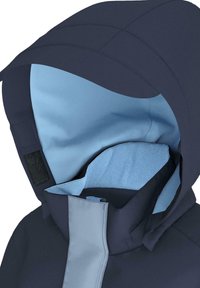 Mørkeblå yderjakke med en lyseblå hætte foret med fleece. Har en glat stofoverflade, struktureret form og velcrodetaljer.