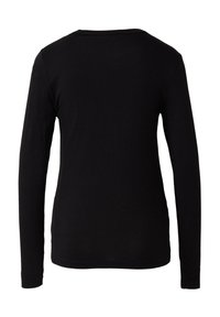 Schwarzes, langärmliges, eng anliegendes Shirt von hinten mit Rundhalsausschnitt auf weißem Hintergrund.