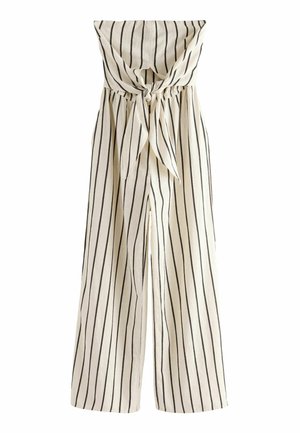 Jumpsuit écru avec des rayures verticales noires, design sans bretelles, détail de nœud à la taille et coupe large, fabriqué dans un tissu léger.