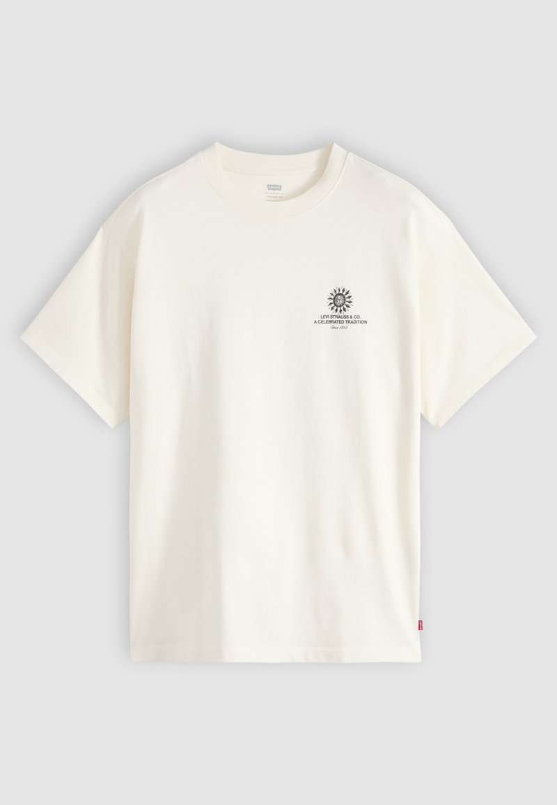 White short-sleeve crew neck t-shirt with small black graphic and Levi Strauss text on the left chest.