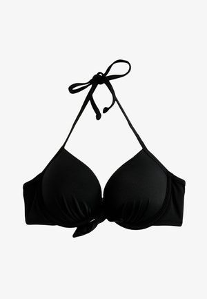 Top de bikini negro con copas acolchadas, tirantes ajustables con lazo y detalle anudado en el centro. Textura suave y diseño sin costuras.