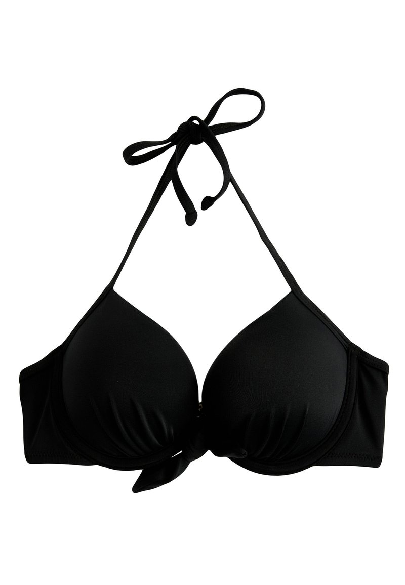 Zwarte bikini-top met gep padded cups, verstelbare strikbandjes en knoopdetail in het midden. Glad textuur en naadloos ontwerp.