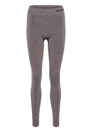 Graue dehnbare Leggings mit glatter Textur, hohem Taillenbund und Logo-Detail an der Oberseite. Enganliegendes Design reicht bis zu den Knöcheln.
