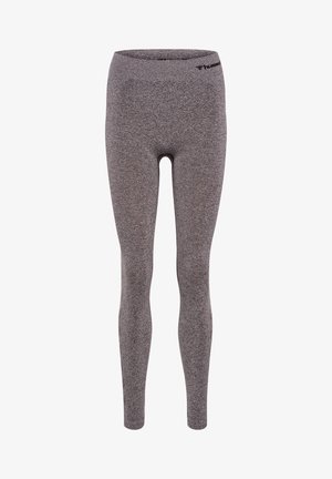 Grijze stretch tights met een gladde textuur, hoge tailleband en logodetail aan de bovenkant. Het getailleerde ontwerp reikt tot aan de enkels.