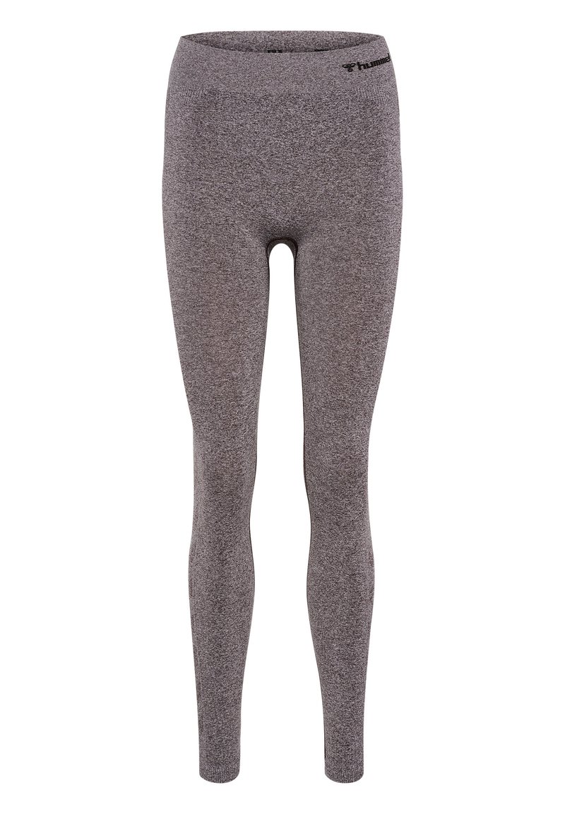 Grijze stretch tights met een gladde textuur, hoge tailleband en logodetail aan de bovenkant. Het getailleerde ontwerp reikt tot aan de enkels.