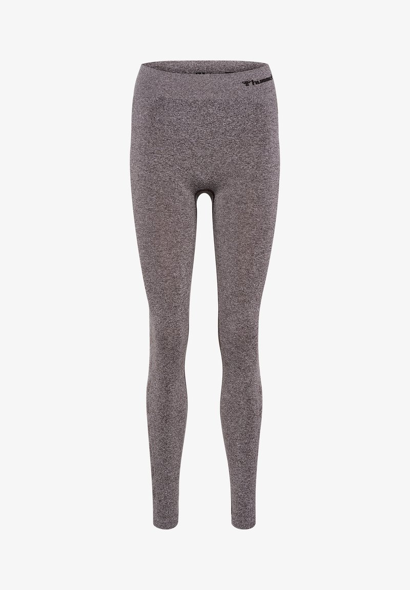 Szare legginsy elastyczne o gładkiej fakturze, z wysokim stanem i detalem logo na górze. Dopasowany krój sięga do kostek.