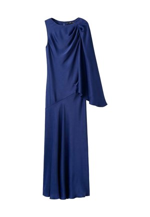 Robe de soirée bleu marine en tissu lisse. Présente un design asymétrique avec des détails drapés et une silhouette longue jusqu'au sol.