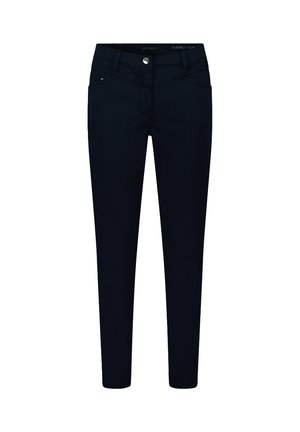 Slim-fit, mörkblå jeans med en slät textur, framfickor och metallknappstängning, med minimalistisk sömnadsdetalj.