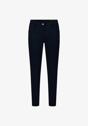 Slim-Fit, dunkelblaue Jeans mit glatter Textur, vorderen Taschen und Metallknopfverschluss, ausgestattet mit minimalistischem Nähdetail.