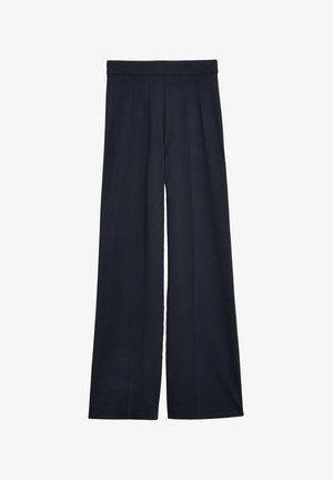 Navy wide-leg trousers with a smooth texture, featuring a fitted waistband and front pleats for added design detail.