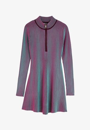 Long-sleeve dress in a ribbed pattern featuring teal and pink stripes, a high collar, and a front zip closure. Fabric has a soft texture.