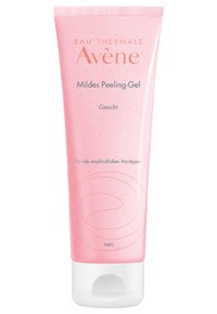 Pink squeezable tube of Avene mild peeling gel with a smooth surface, white cap, and subtle pink speckles. Text includes "Avene" and "Gesicht."