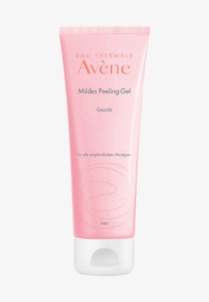 Pink squeezable tube of Avene mild peeling gel with a smooth surface, white cap, and subtle pink speckles. Text includes "Avene" and "Gesicht."