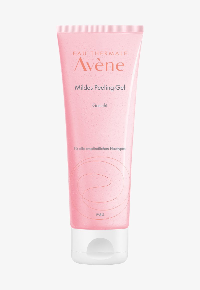 Pink squeezable tube of Avene mild peeling gel with a smooth surface, white cap, and subtle pink speckles. Text includes "Avene" and "Gesicht."