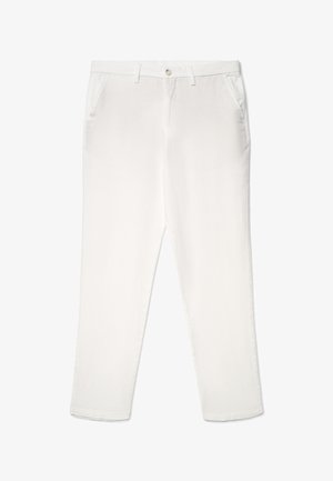 Pantalon blanc droit avec bouton frontal, fermeture éclair, passants pour ceinture et poches latérales sur un fond uni.