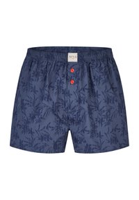 Marineblaue Boxershorts mit dunklem geometrischem Blattmuster, elastischem Bund, zwei roten Knöpfen und einem weißen Etikett in der vorderen Mitte.