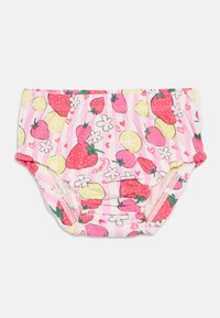 Πάνω κάλυμμα από βαμβάκι με ρόζ φόντο και σχέδιο φράουλας και λεμονιού, ελαστική μέση με πιέτες και τρέσσα με βολάν.