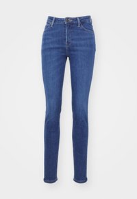 Slim-fit blå denimjeans med hög midja, försedda med framfickor, dragkedja och subtila slitningar. Slät struktur genom hela plagget.