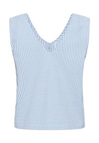 Haut sans manches rayé bleu et blanc avec un décolleté en V, fabriqué en tissu léger, offrant une coupe décontractée et une texture subtile.
