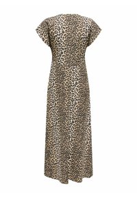 Robe maxi à manches courtes imprimée léopard en beige et noir, offrant une coupe ample et une texture de tissu douce.