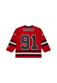 Rotes Hockey-Trikot mit schwarzen und weißen Streifen, mit dem Namen "RODMAN" und der Nummer "91" auf dem Rücken. Kurze Ärmel, normale Passform.