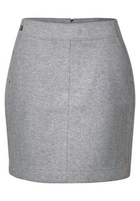 Grå ullblandning kjol, figursydd design med rak skärning, har bakre blixtlås, två sid sömmar och en slät yta.