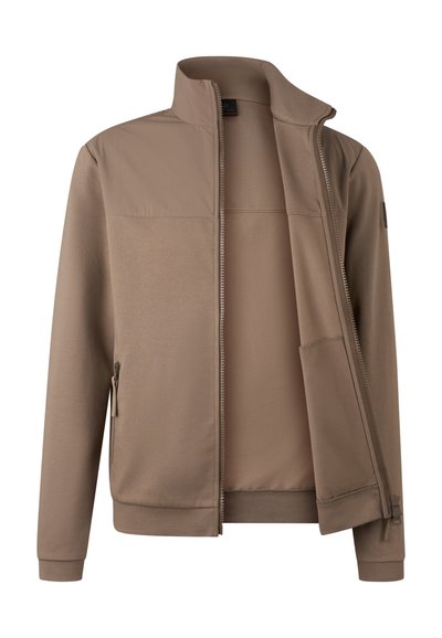 Brown zip-up jacket with a high collar, featuring soft fabric, side pockets, and a textured inner lining. Machine washable.