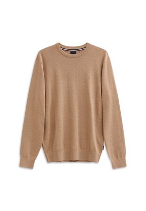 Beiger Pullover aus weichem Strickmaterial mit Rundhalsausschnitt, langen Ärmeln, geripptem Saum und einem dezenten Logodetail auf der Brust.