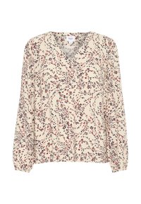 Blouse crème avec un col en V, manches longues et un motif floral tourbillonnant rouge, bleu marine et gris. Tissu doux avec un léger éclat ; poignets élastiqués.