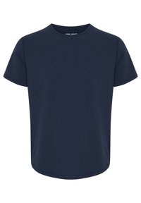 Námornícky modré tričko s krátkymi rukávmi a okrúhlym výstrihom, s oblým lemom, vyrobené z hladkej tkaniny s čistým šitím a bez vzorov.