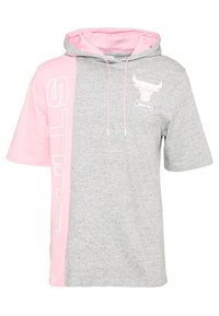 Grijze korte mouwen hoodie met een roze paneel. Kenmerken zijn een logo en tekst aan de zijkant, een verstelbare trekkoordkap, en een zachte stofstructuur.