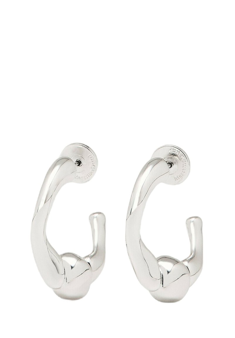 Silver hoop earrings with a twisted design. Smooth, shiny surface; rounded ends; secured with a post closure.