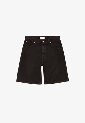 Shorts in denim nero con chiusura frontale a bottoni, passanti per cintura e design a cinque tasche su sfondo bianco.
