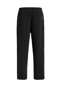 Pantalones de chándal negros con una cinturilla elástica, un bolsillo trasero y una textura suave y lisa. Diseño de pernera recta, aptos para uso casual.
